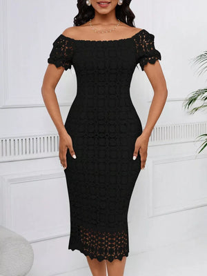 Black off-the-shoulder lace midi dress with short sleeves and scalloped hem.