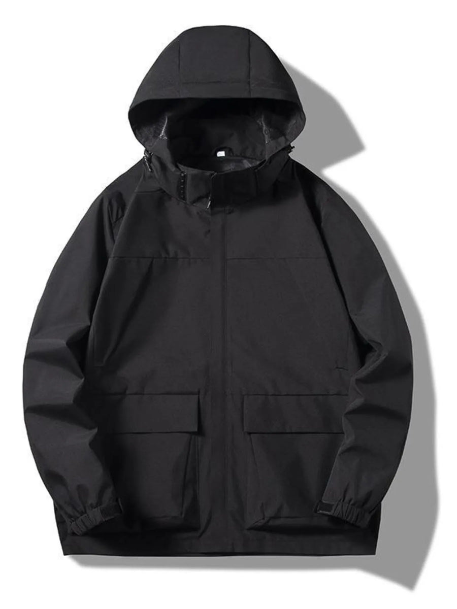 Black hooded windproof jacket with two front pockets and elastic cuffs.