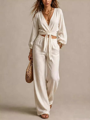 Two-Piece Set in cream featuring tied and relaxed fit