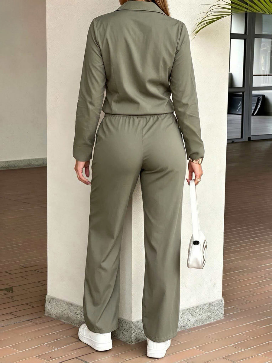 modern jumpsuit in olive green with collared