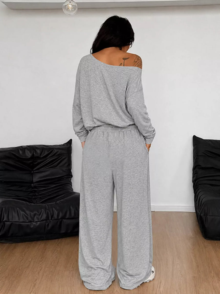 Loose Fit One-shoulder T-shirt And Pants Set Plus Size in Light Gray