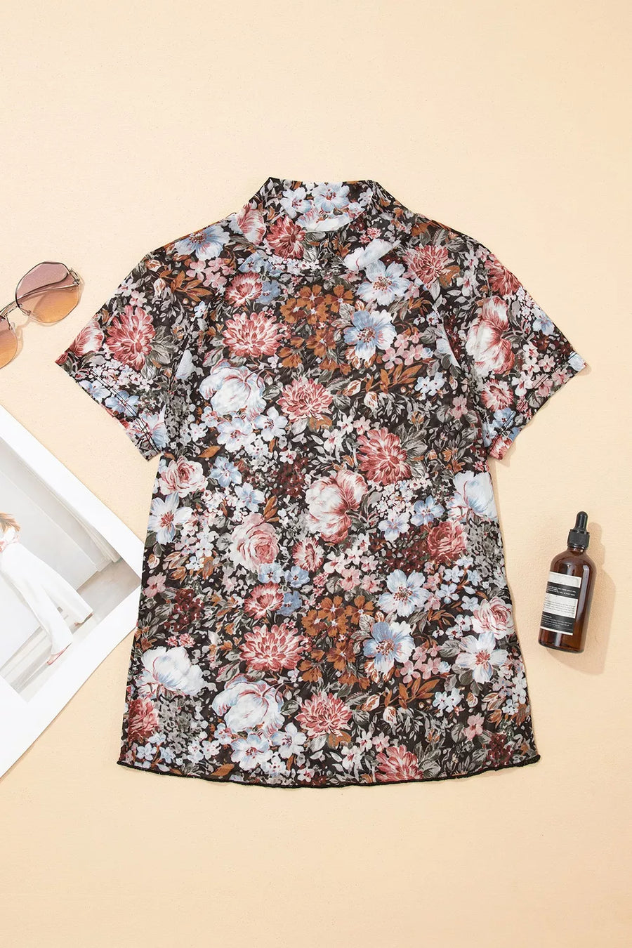 romantic blouse in pink with mock neck
