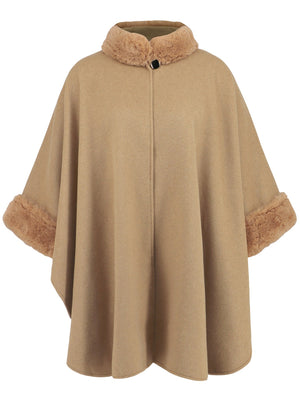 Tan cape coat with faux fur trim on collar and cuffs, single button closure.