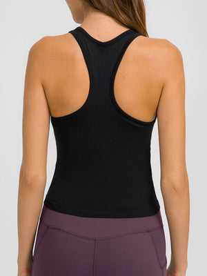 Black ribbed racerback tank top with a V-neck detail.
