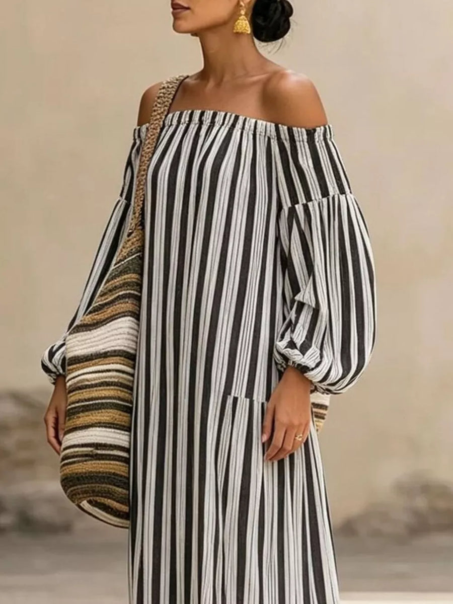 bohemian maxi dress in Black with off-shoulder