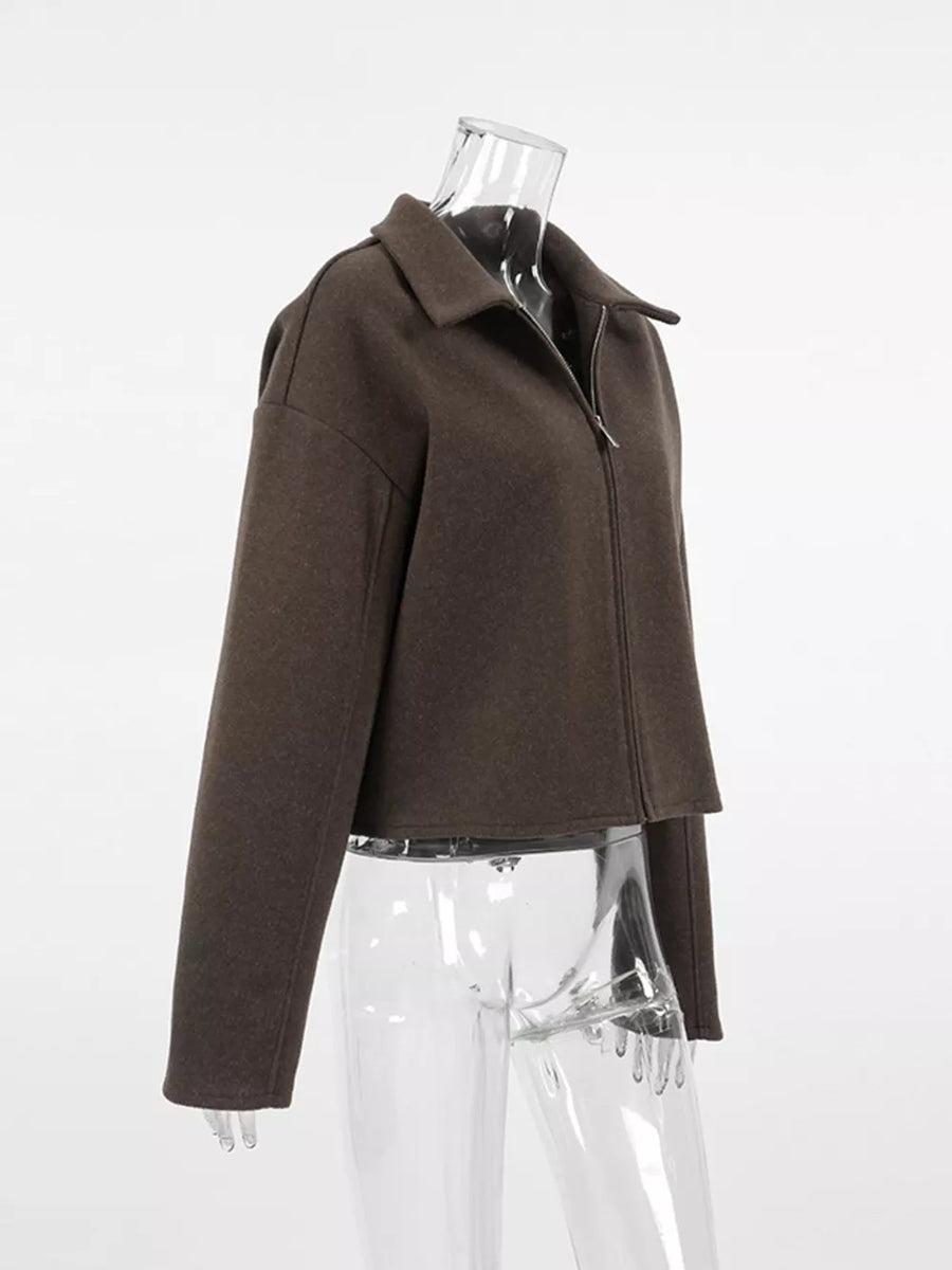 dark brown jacket with dropped shoulder and long sleeve