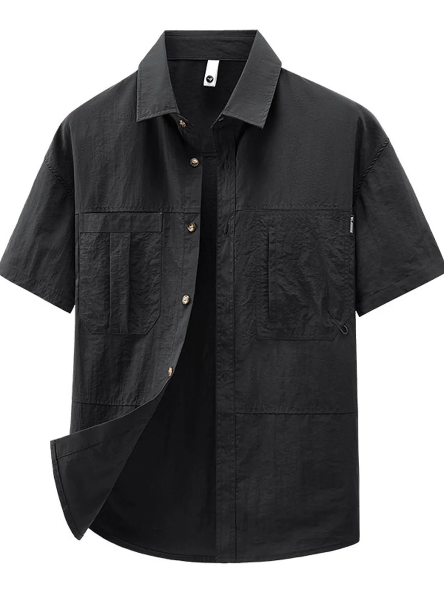 Black lightweight casual button-up shirt with short sleeves and chest pockets.
