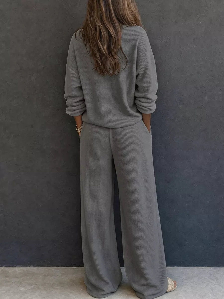 Waffle Knit Henley Top And Wide Leg Pants Set in Matcha Green with waffle-knit