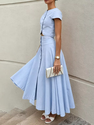 skirt set in Pink with buttoned and cropped (top), midi (skirt)