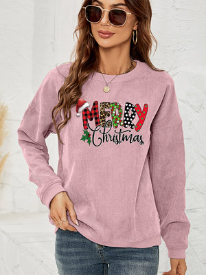 Dusty Pink corduroy sweatshirt with Merry Christmas graphic and festive details.