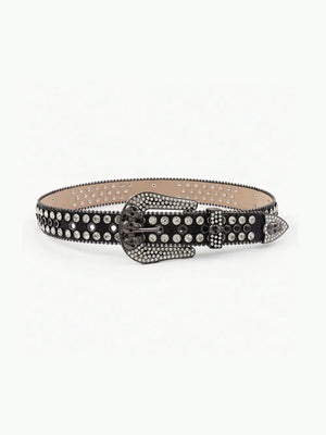 Black leather belt with crystal skull buckle and all-over rhinestone embellishments.
