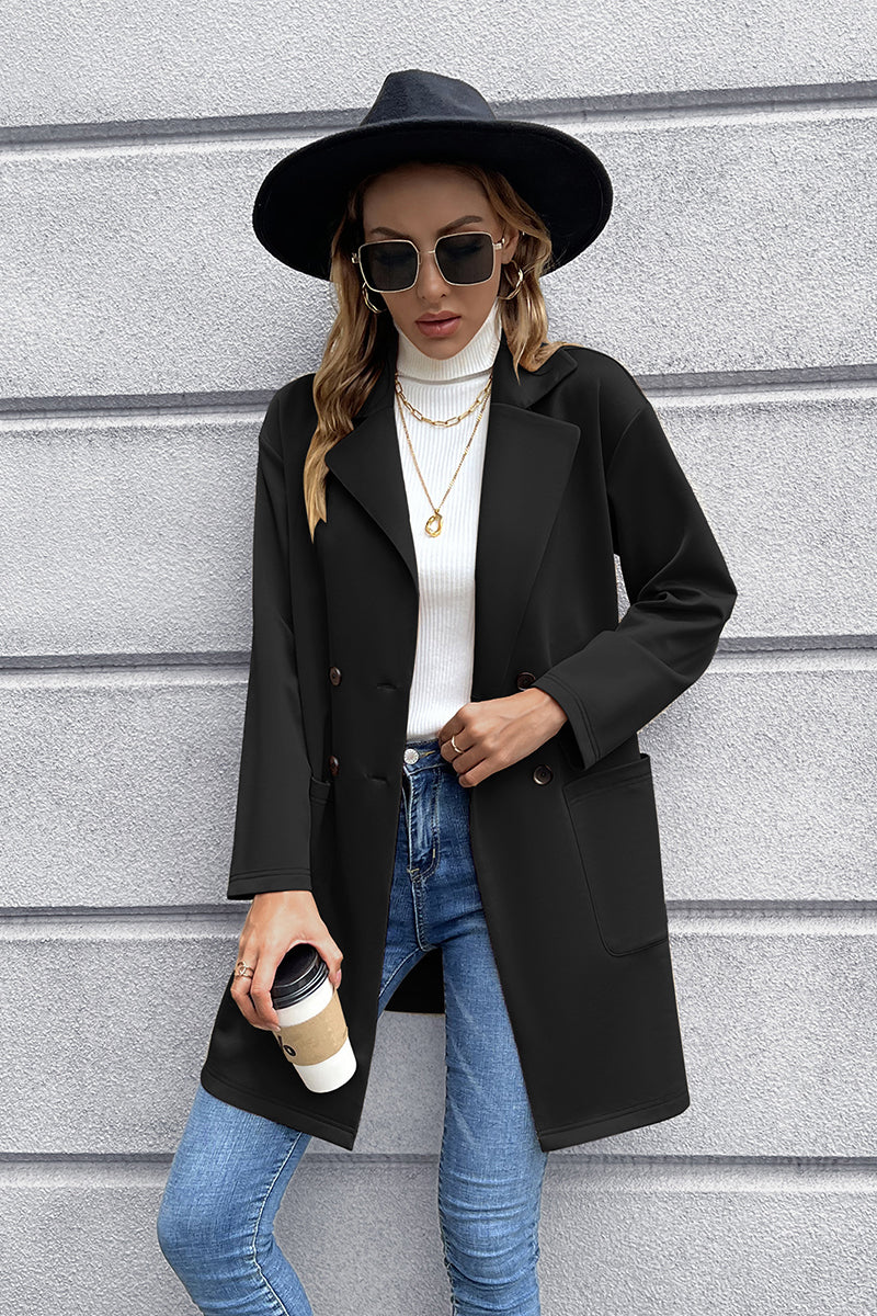 Black double-breasted blazer coat with soft drape, lapel collar, and button details.