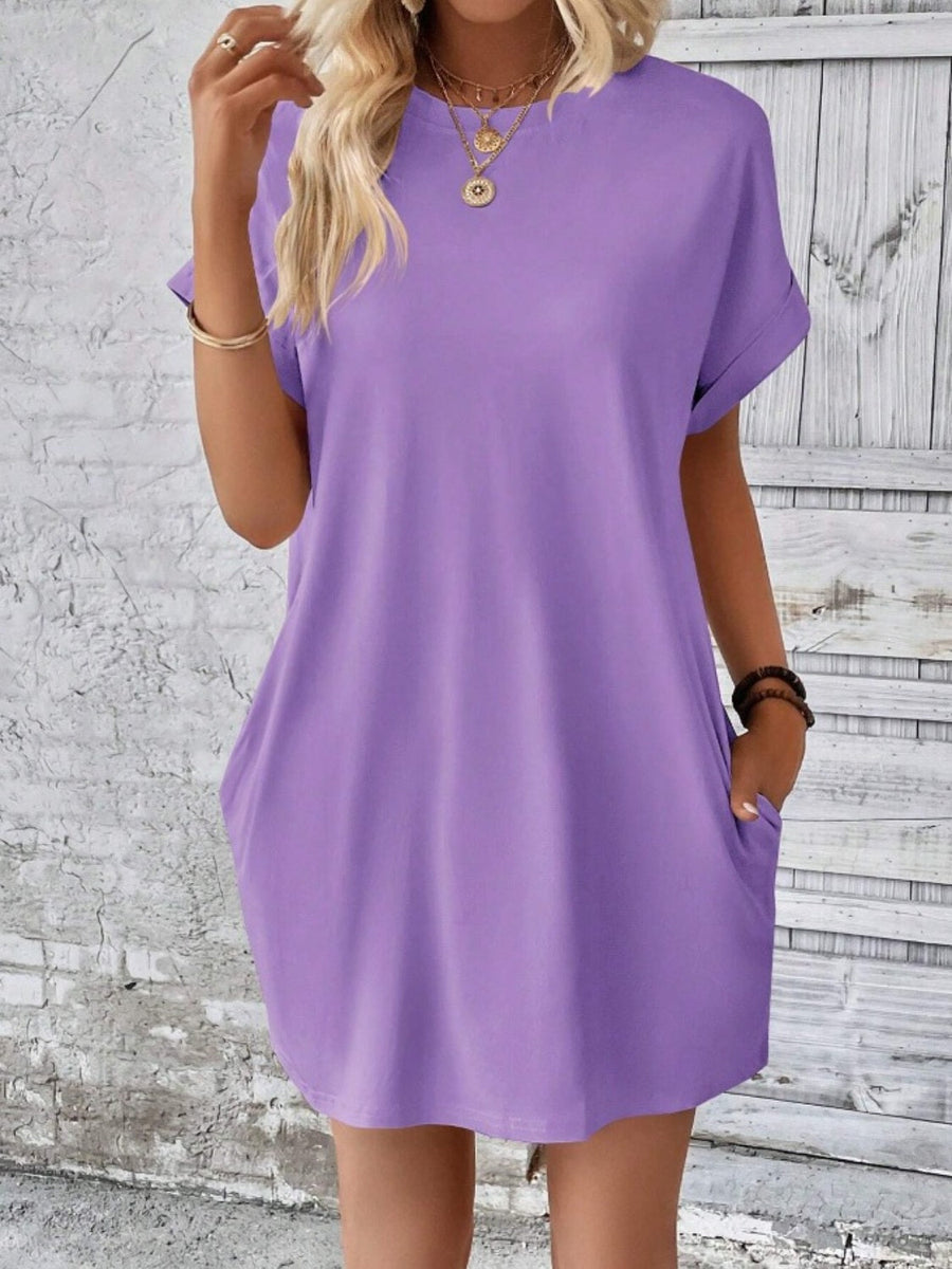 Relaxed lavender tee dress with cuffed sleeves and pockets