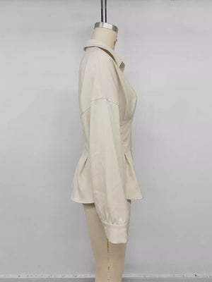 Ruched Button-up Peplum Shirt in Apricot, view 12
