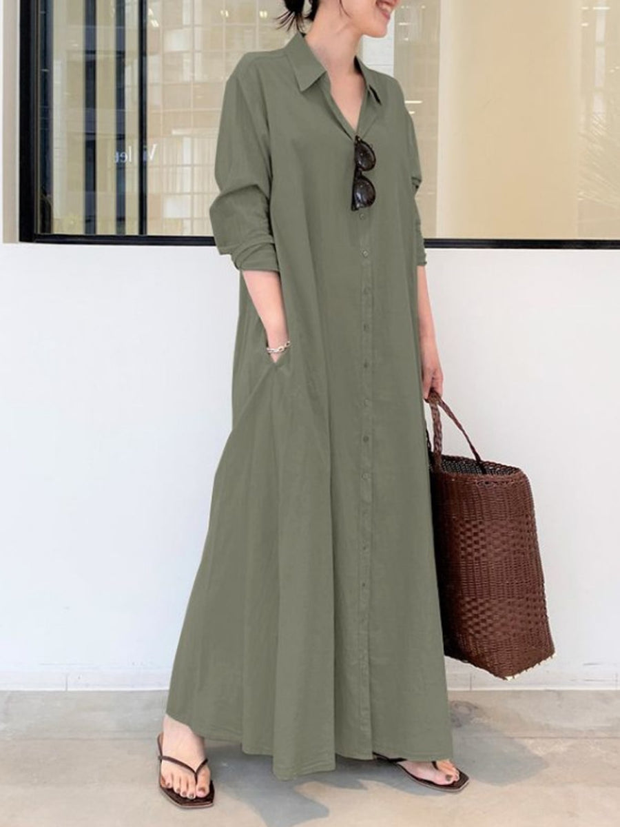 shirt dress in Army Green with pocketed and maxi