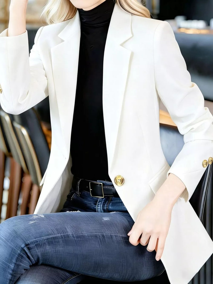 Apricot blazer with hip-length and button-front