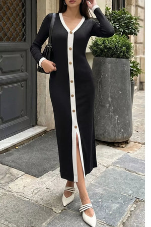 Black Contrast Trim V-neck Knit Dress