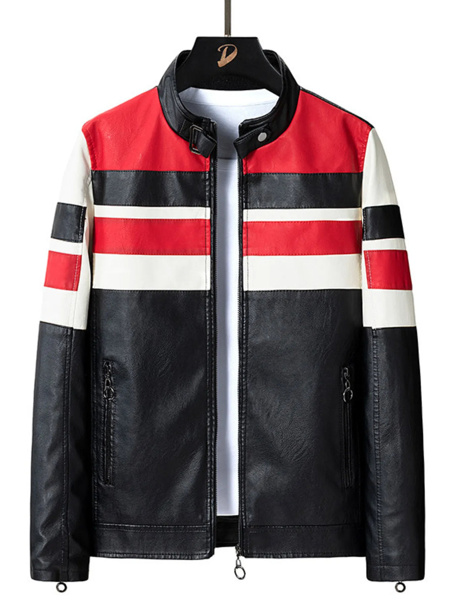 Plus-size black leather moto jacket with red and white stripes on the chest and sleeves.