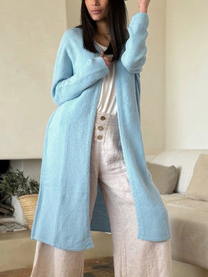 100% polyester Care instructions: Machine wash cold cardigan in sky blue with relaxed silhouette