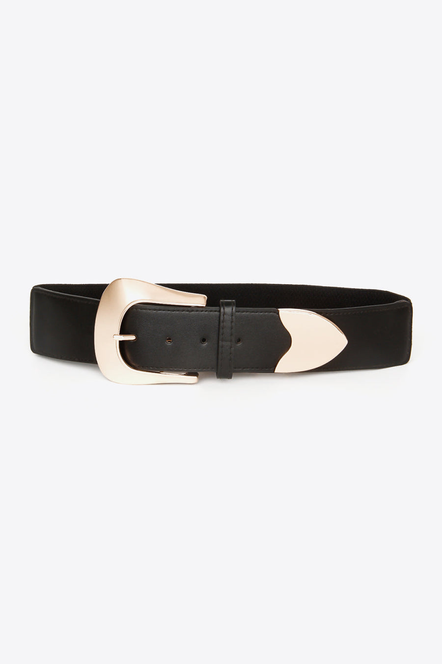 Black leather belt with sculpted gold-tone buckle and pointed detail