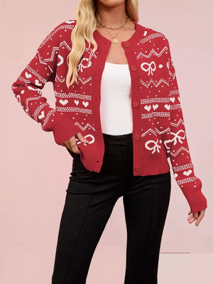 red cardigan with heart and bow print and round neck