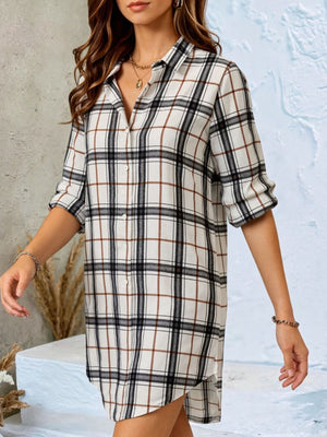 73% polyester, 27% viscose Care instructions: Machine wash cold shirt dress in brown with relaxed silhouette