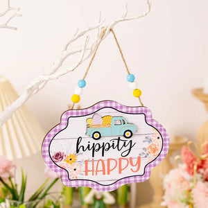 Easter signboard with beaded hanger, light blue truck with eggs, hippity happy text, purple gingham border