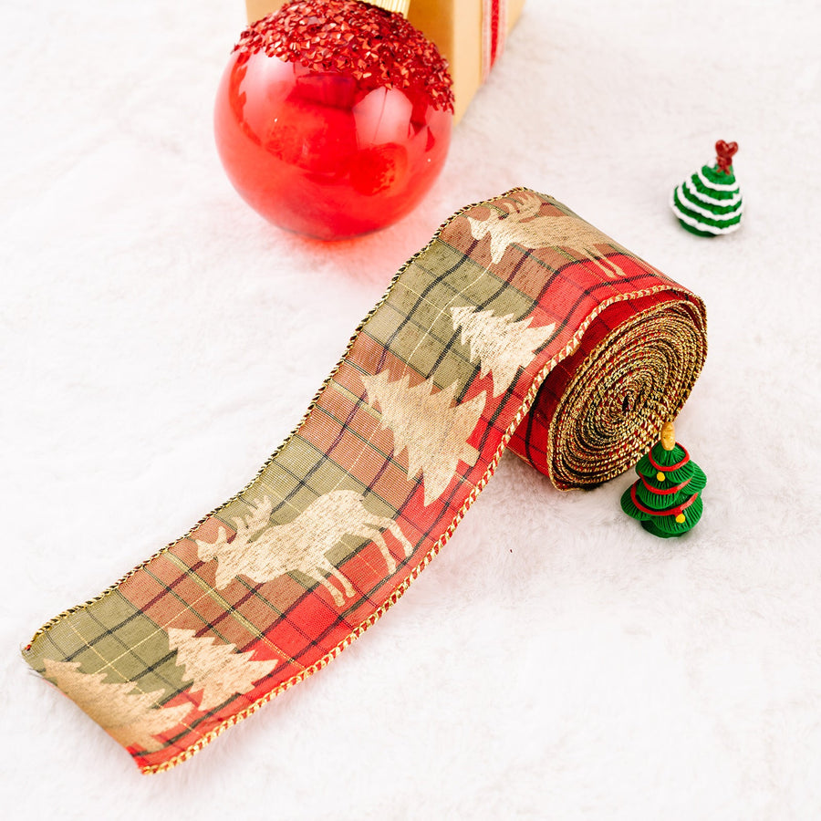Festive holiday ribbon with plaid pattern, reindeer and trees, gold trim