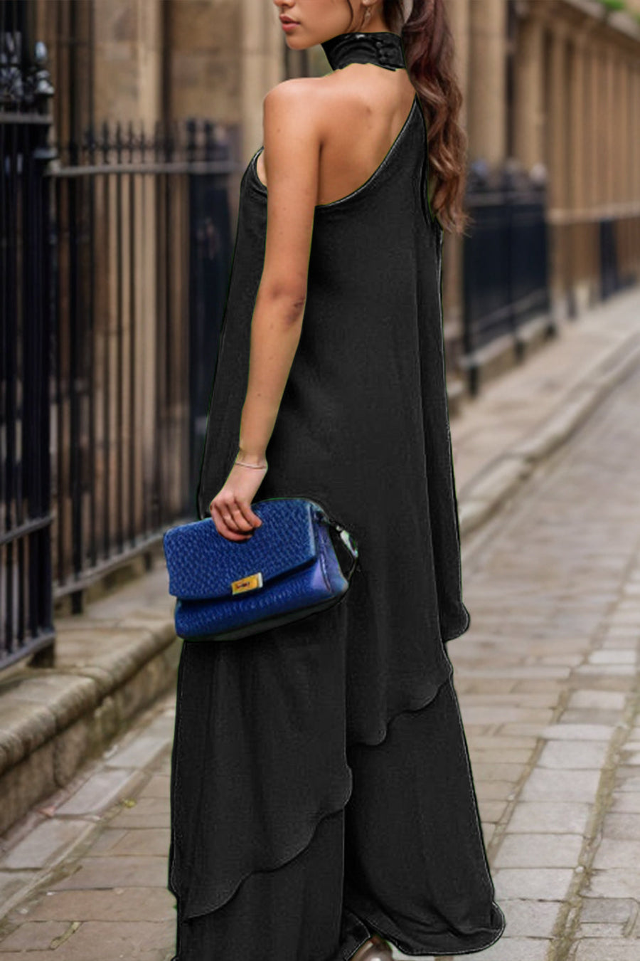Black asymmetric drape wide-leg choker set with tiered skirt detail.