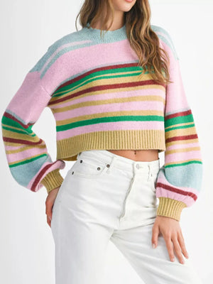 Multicolor striped ribbed cropped sweater with balloon sleeves and crew neck.