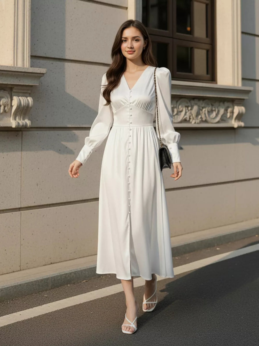 Eggshell midi dress with midi and button-front