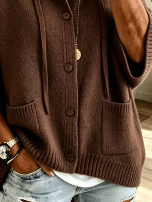 Full Size Casual Hooded Button-down Knit Cardigan With in Army Green