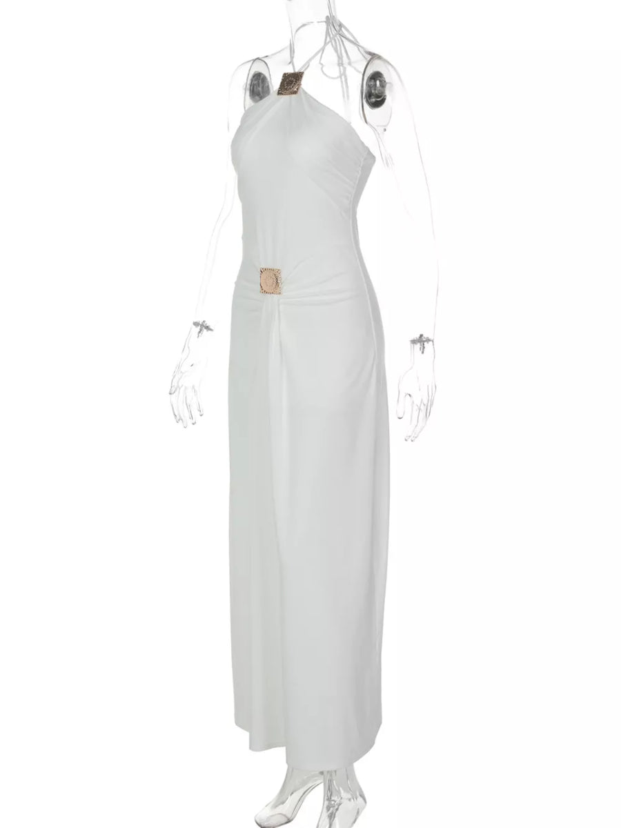 White halter neck ruched maxi dress with gold square embellishments at neckline and waist