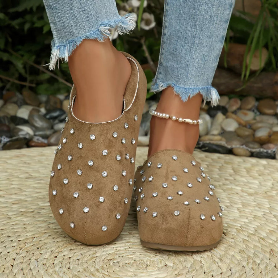 slip-ons in Beige with rhinestone embellishment and not applicable