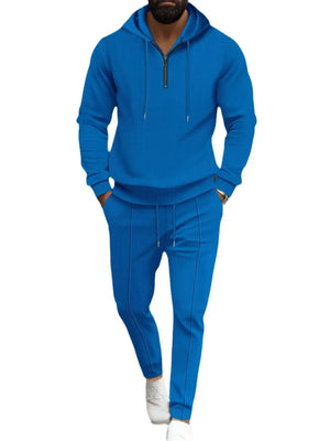 Blue textured quarter-zip hoodie and drawstring pants loungewear set