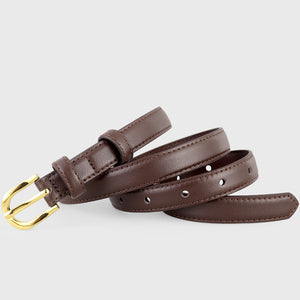 Brown leather casual belt with a golden buckle and multiple holes.