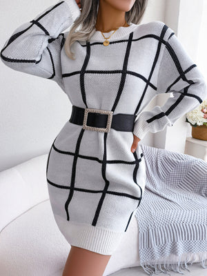 sweater dress featuring plaid in Camel with 100% polyester Care instructions: Machine wash cold texture