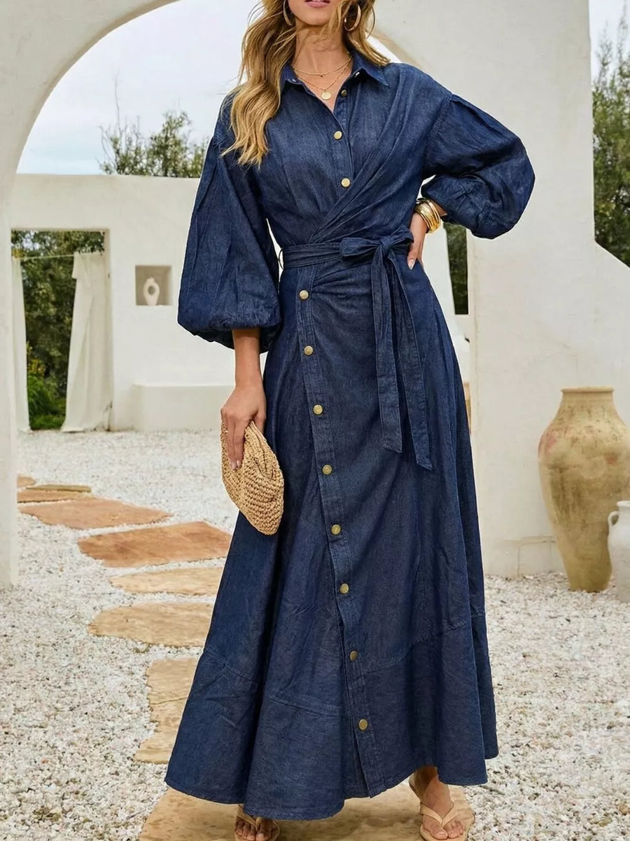 light blue wrap dress with maxi and button-front