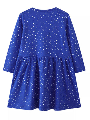 Children's royal blue long-sleeve dress with white stars and gathered skirt.