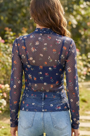 Navy with Polka Dot Floral Mesh Long Sleeve Top