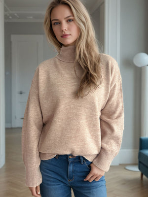 Camel relaxed fit turtleneck sweater with ribbed cuffs and hem.