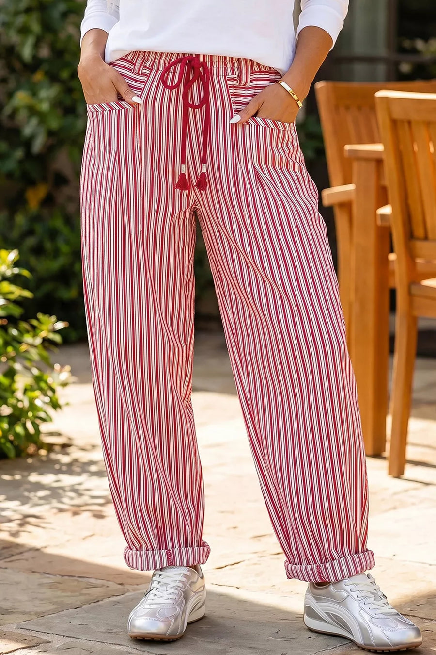 wide-leg pants in crimson red with striped and drawstring waist