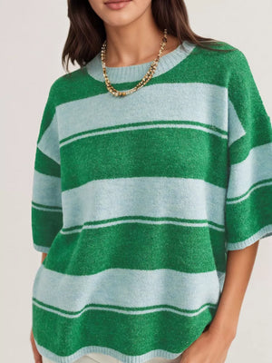 emerald green pullover sweater with striped and crew neck