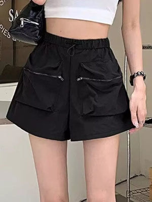 Black cargo shorts with adjustable drawstring and zippered pockets.