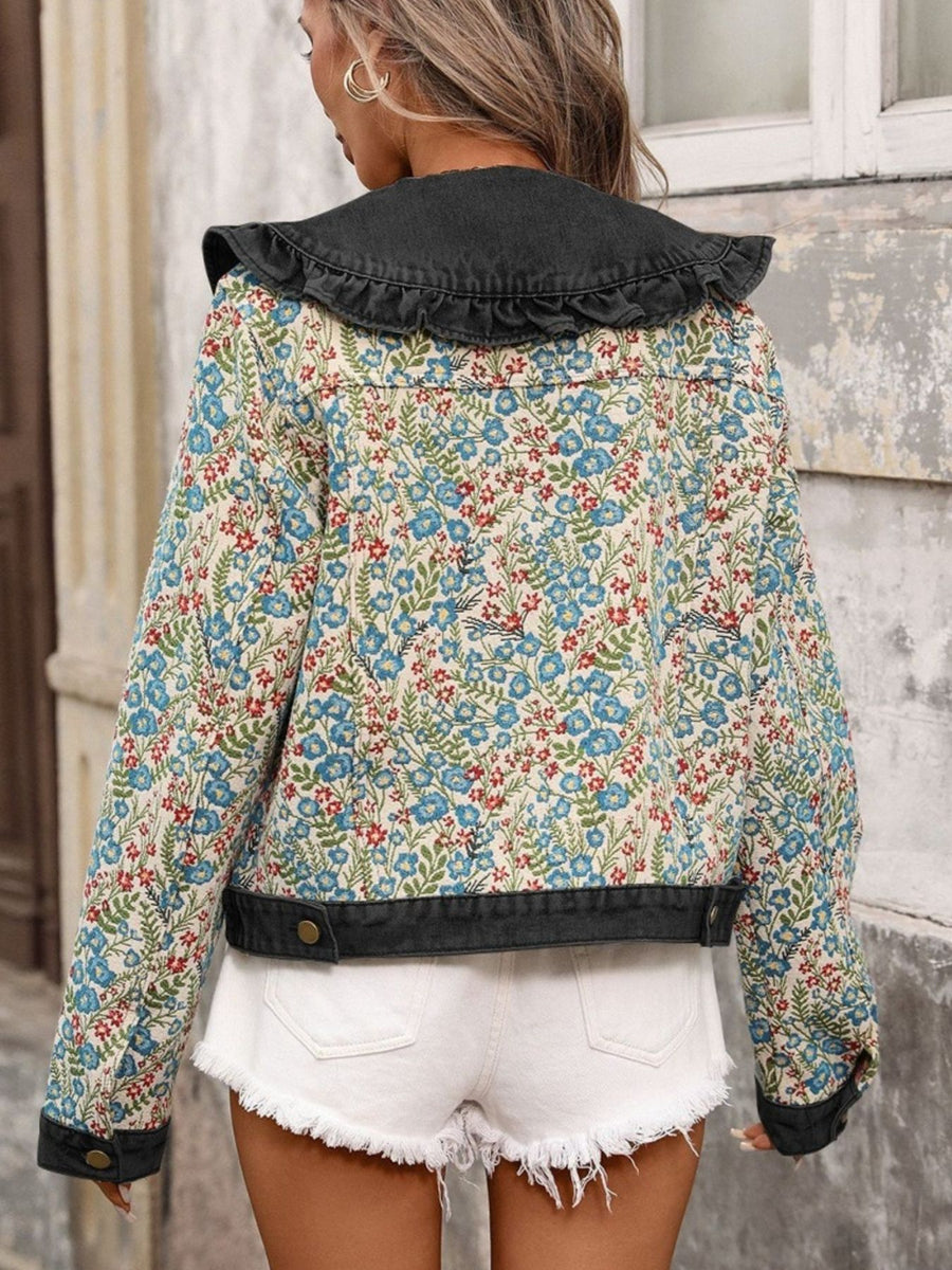 romantic denim jacket in Floral with collared