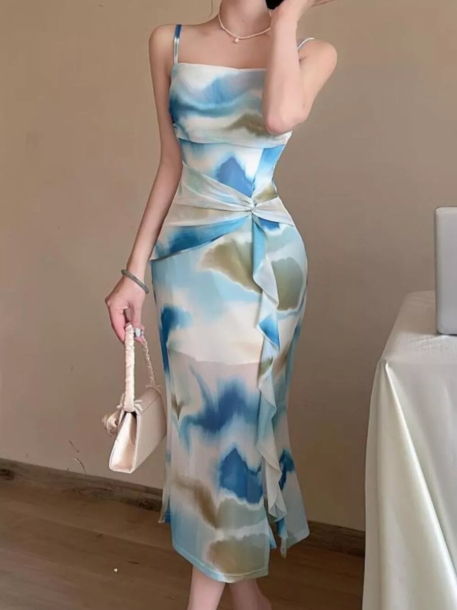Blue Abstract Watercolor Ruched Midi Dress