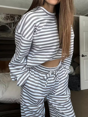 gray pajama set featuring drawstring and striped