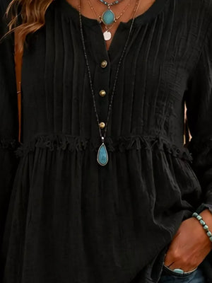 Purple blouse with tunic-length and half-button