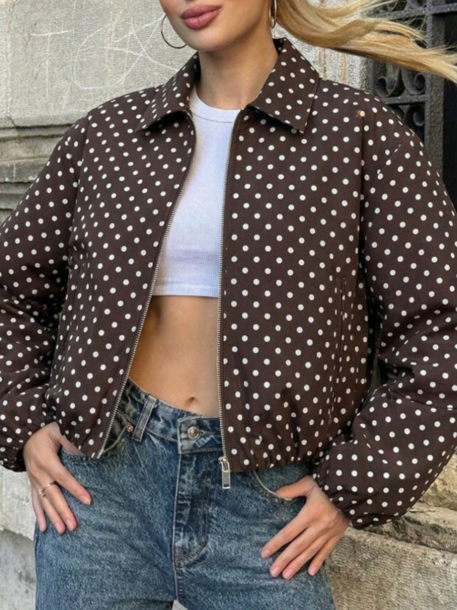 Polka Dot Casual Zip-Up Jacket in ivory