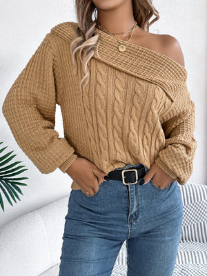 white relaxed pullover sweater with one-shoulder